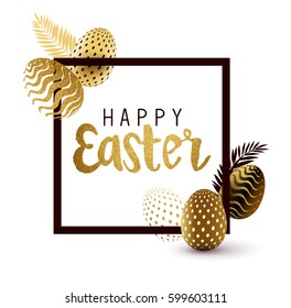 Easter Frame design with gold lettering and gold easter egg patterns. Vector illustration