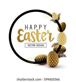 Easter Frame design with gold lettering and gold easter egg patterns. Vector illustration