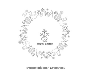 Easter frame. Doodle style. Rabbit, flowers, eggs. Vector illustration