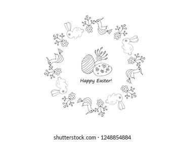 Easter frame. Doodle style. Rabbit, flowers, eggs. Vector illustration