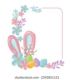 Easter frame with ears bunny, colorful eggs and spring flowers. Template for design of congratulations with happy easter. Vector background for celebration and invitation to traditional holiday.
