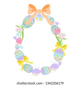 Easter Frame Egg Shape Vector Illustration, Happy Easter Greetings, Invitations, Party Decoration, Pastel Colors, Spring Flowers, Ornate Easter Eggs, Bows.