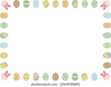 Easter frame with eggs and bunny. Vector illustration on white background.