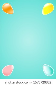 Easter frame with eggs in cartoon style isolated in the corners pastel mint background. Cute postcard. Vertical vector invitation. Copy space. Stock illustration. Design scrapbooking, holiday planner.