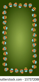 Easter frame with eggs in cartoon style isolated on gradient green background. Cute postcard. Vertical vector flier. Copy space. Stock elegant illustration. Design scrapbooking, holidays planner. 