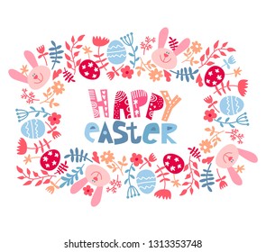 Easter frame with eggs and flowers. Easter card template with colored eggs. Square frame with easter eggs, bunny, flowers