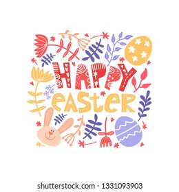 Easter frame with eggs and flowers. Easter card template with colored eggs. Square frame with easter eggs, bunny, flowers