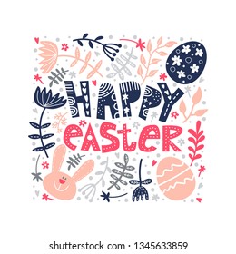 Easter frame with eggs and flowers. Easter card template with colored eggs. Square frame with easter eggs, bunny, flowers
