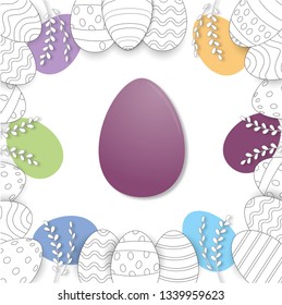 Easter frame with easter eggs hand drawn on white background