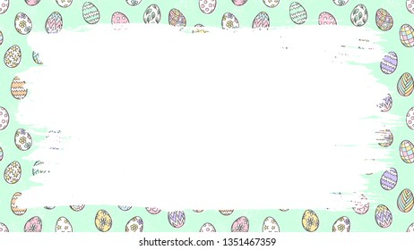 Easter frame with eggs pattern. Place for text. Grunge. Spring holiday symbols. Easter sketch.