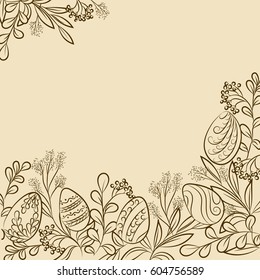 Marco de Semana Santa con huevos de Pascua y plantas, fondo pastel dibujado a mano. Ilustración. Ilustración vectorial.
