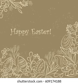 Easter frame with easter eggs and plants, hand drawn  grange background. Vector illuastration