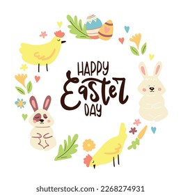 Easter frame with Easter eggs, rabbit, chicken, , spring flowers, leaves.