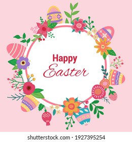Marco de Pascua con huevos de Pascua y texto Feliz Pascua dibujado a mano rosado sobre fondo blanco. Huevos de Pascua con hojas coloridas, flores y bayas. Ilustración vectorial.