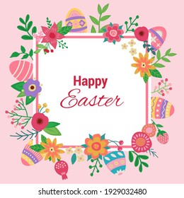 Easter frame with Easter eggs and text Happy Easter hand drawn pink on white background. Easter eggs with colorful leaves, flowers and berries. Vector illustration.	