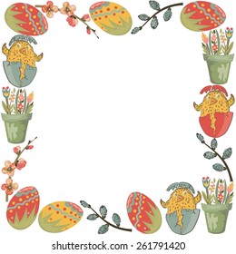  Easter frame with flowers, eggs and Chicks