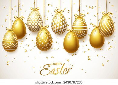 Easter frame with golden realistic 3D eggs and confetti. Vector background Easter card, invitation, flyer, banner.