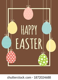easter frame with hanging eggs isolated on brown background, vector illustration