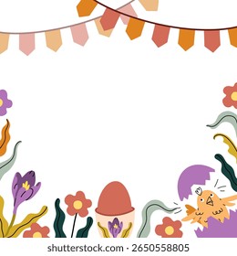 Easter frame with hatched chicken, egg and festive element. Square background for social media card, banner, invitation, seasonal print. Hand-drawn vector flat illustration.