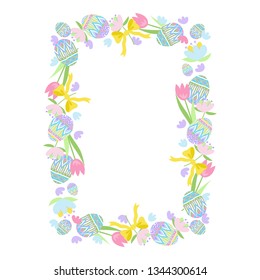 Easter Frame Heart Shape Vector Illustration, Happy Easter Greetings, Invitations, Party Decoration, Pastel Colors, Spring Flowers, Ornate Easter Eggs, Bows.