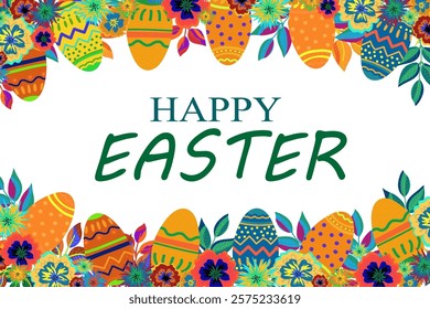 Easter frame on the bottom and top with an inscription in the middle happy Easter, rich bright blue orange yellow colors, Easter eggs flowers and leaves