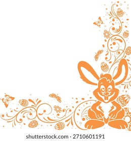 Easter Frame with ornament eggs, rabbit, and floral pattern, vector illustration