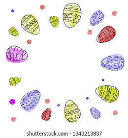 Easter frame with ornamental eggs on a white background. Cute vector Easter eggs in cartoon hand drawn style. Template for design.