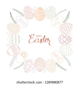 Easter frame. Painted colorful Easter eggs with ornaments, arranged in a circle, decorated with floral elements and dots on a white background. Vector.