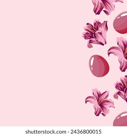 Easter frame with pink lilies and pink Easter eggs on pale pink background, for poster, banner or holiday card