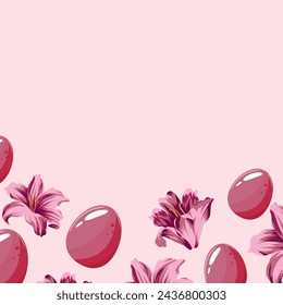 easter frame with pink lilies and pink easter eggs on a pale pink background are located below, for posters, banners or holiday cards