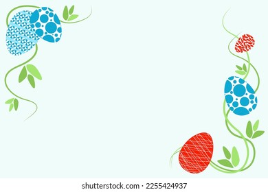 Easter frame of red and blue eggs over climbing plant. Vector illustration.