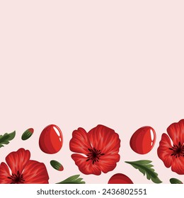 Easter frame with red poppies and red Easter eggs on a pale red background are located below, for posters, banners or holiday cards