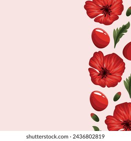 Easter frame with red poppies and red Easter eggs on a pale red background, for posters, banners or holiday cards