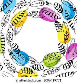 Easter frame. Round frame with Feathers and bright painted eggs. Modern minimal style. Hand drawn eathers sketch and colored eggs. Vector illustration. Background with copy space for easter holiday