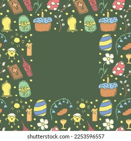 Easter frame. Seamless frame with easter icons. Easter background