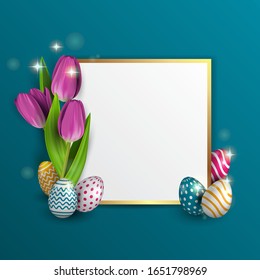 
Easter frame for text, with a bouquet of pink tulips and colored eggs. Greeting card, with blue, lilac, gold color. Vector illustration, concept, background