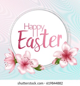 Easter frame vector card with pink flower wreath elements. Happy holiday banner on abstract curves background. Spring cherry blossom and round border for text.