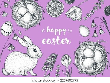 Easter frame vector illustration. Hand drawn sketches. Design elements. Hand drawn easter bunny, easter eggs, spring flowers, basket, nest with eggs . Vintage engraved style.
