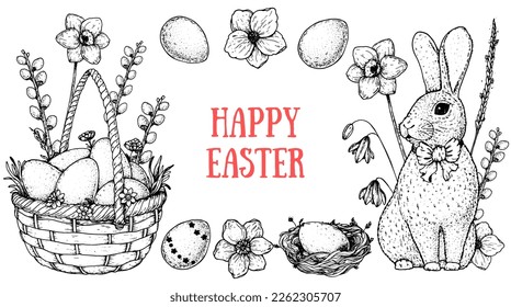 Easter frame vector illustration  Hand drawn sketches  Design elements  Hand drawn easter bunny  easter eggs  spring flowers  basket  nest and eggs   Vintage engraved style 