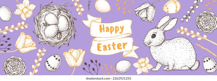 Easter frame vector illustration. Hand drawn sketches. Design elements. Hand drawn easter bunny, easter eggs, spring flowers, basket, nest with eggs . Vintage engraved style.