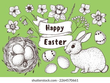 Easter frame vector illustration. Hand drawn sketches. Design elements. Hand drawn easter bunny, easter eggs, spring flowers, basket, nest with eggs . Vintage engraved style.