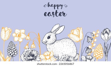 Easter frame vector illustration. Hand drawn sketches. Design elements. Hand drawn easter bunny, spring flowers. Vintage engraved style.