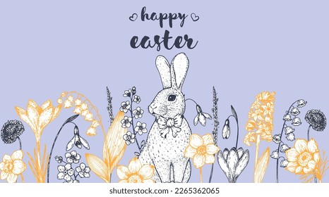 Easter frame vector illustration. Hand drawn sketches. Design elements. Hand drawn easter bunny, spring flowers. Vintage engraved style.