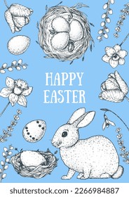 Easter frame vector illustration. Hand drawn sketches. Design elements. Hand drawn easter bunny, easter eggs, spring flowers, basket, nest with eggs . Vintage engraved style.