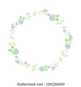Easter Frame Vector Illustration, Happy Easter Greetings, Invitations, Party Decoration, Pastel Colors, Spring Flowers, Ornate Easter Eggs, Bows.
