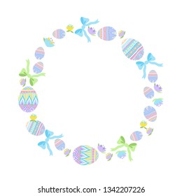 Easter Frame Vector Illustration, Happy Easter Greetings, Invitations, Party Decoration, Pastel Colors, Spring Flowers, Ornate Easter Eggs, Bows.
