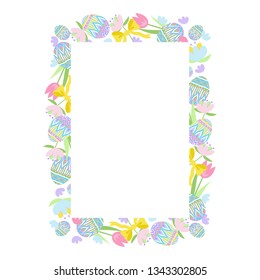 Easter Frame Vector Illustration, Happy Easter Greetings, Invitations, Party Decoration, Pastel Colors, Spring Flowers, Ornate Easter Eggs, Bows.