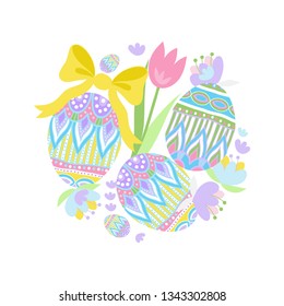 Easter Frame Vector Illustration, Happy Easter Greetings, Invitations, Party Decoration, Pastel Colors, Spring Flowers, Ornate Easter Eggs, Bows.