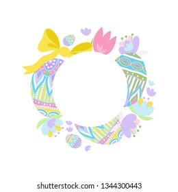 Easter Frame Vector Illustration, Happy Easter Greetings, Invitations, Party Decoration, Pastel Colors, Spring Flowers, Ornate Easter Eggs, Bows.