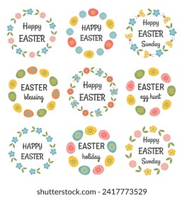 Easter frames with Happy Easter typography messages. Badges and labels with egg, flowers. Stickers Easter templates and objects. Easter lettering, greeting on floral frames, hand drawn holiday symbol.